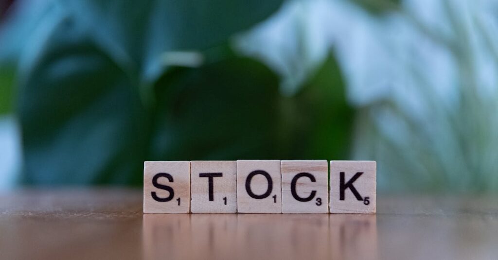 Close-up of wooden letter blocks spelling 'STOCK' on a table against a blurred green background.
